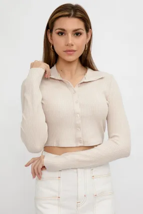 Alloy Ribbed Cropped Button Turtleneck, Limestone, trendy fashion top