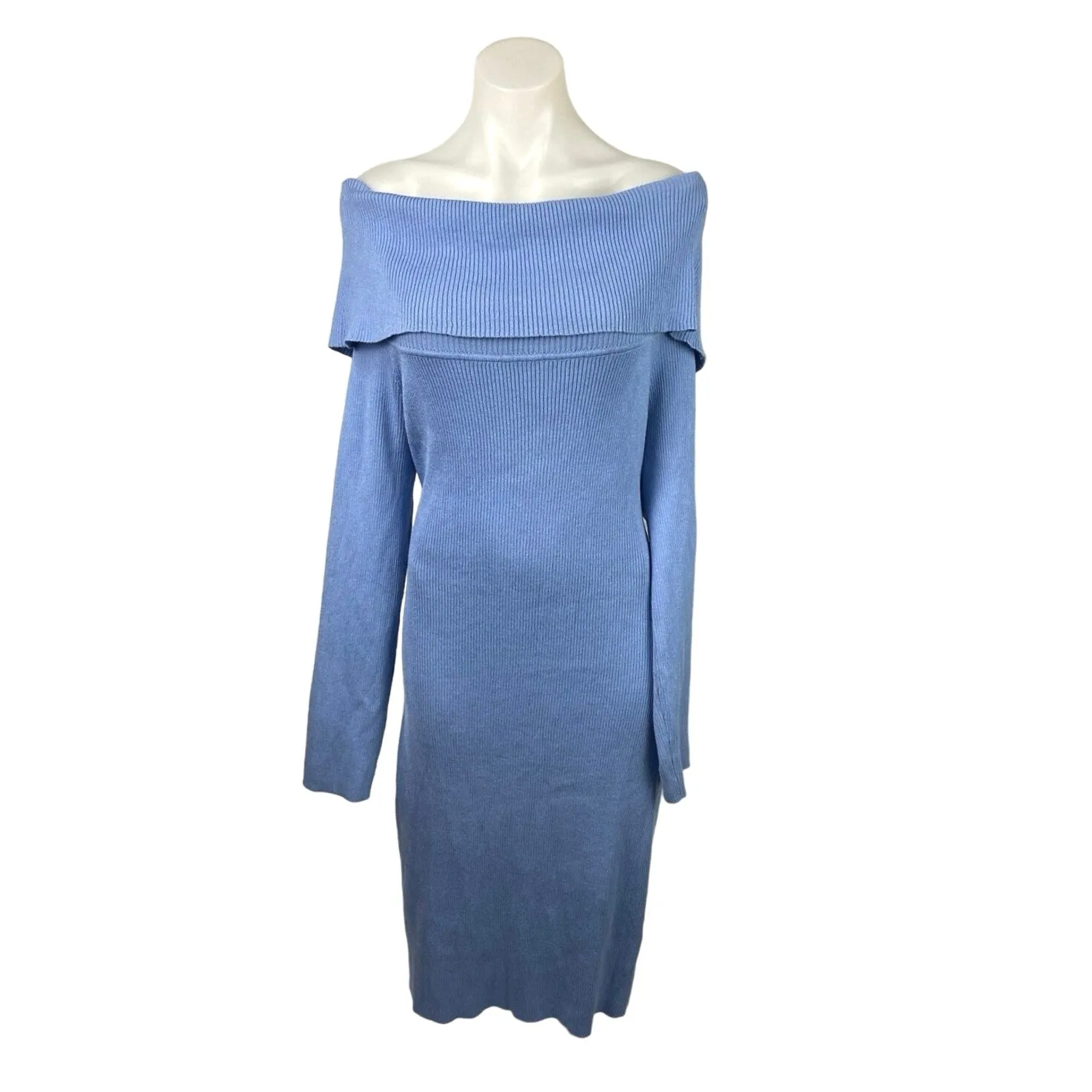 Almost Famous Blue Rib Knit Off Shoulder Long Sleeve Bodycon Sweater Dress Sz 3X