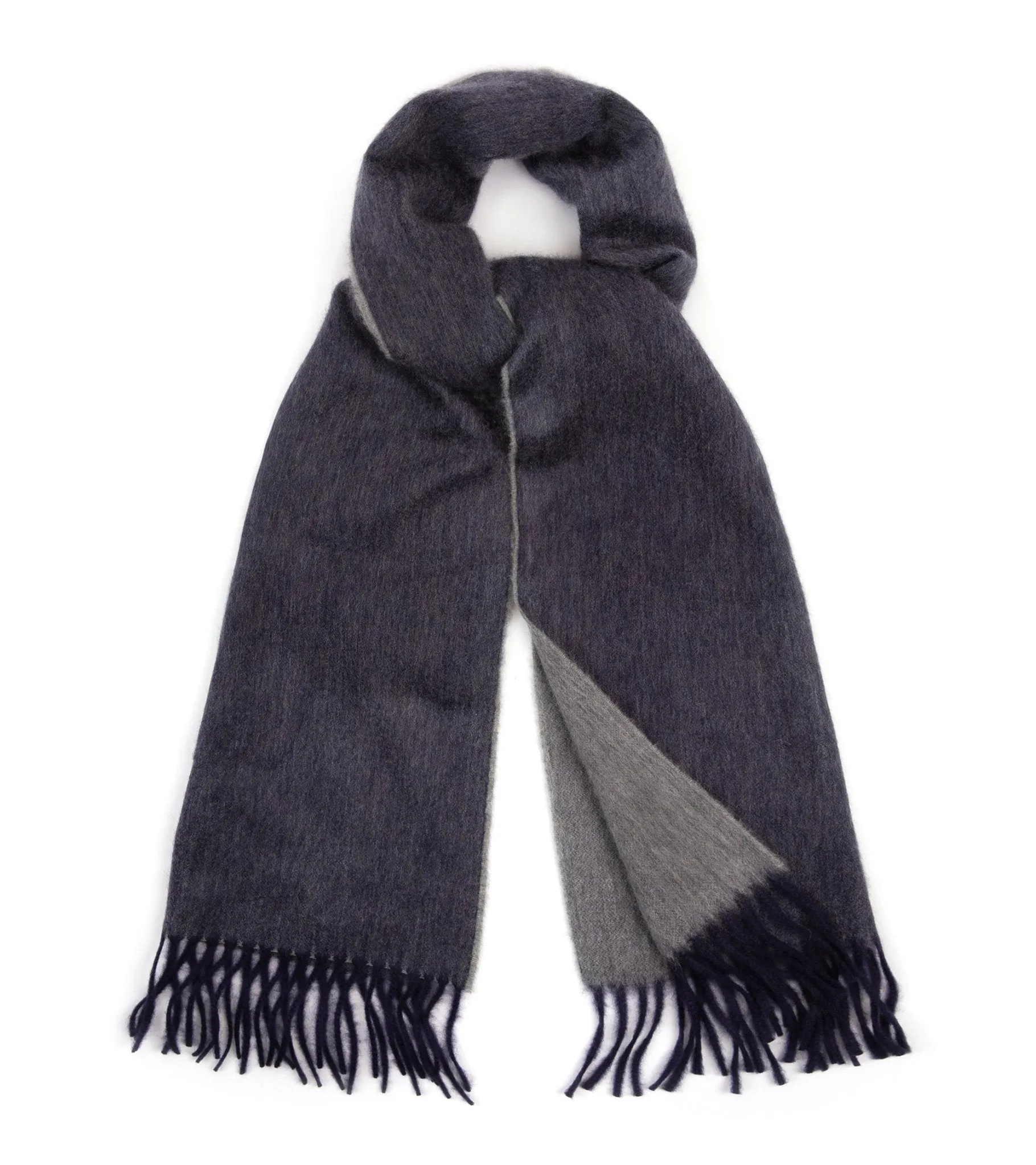 Begg x Co Arran Cashmere Scarf Reversible Oversized Navy/Grey