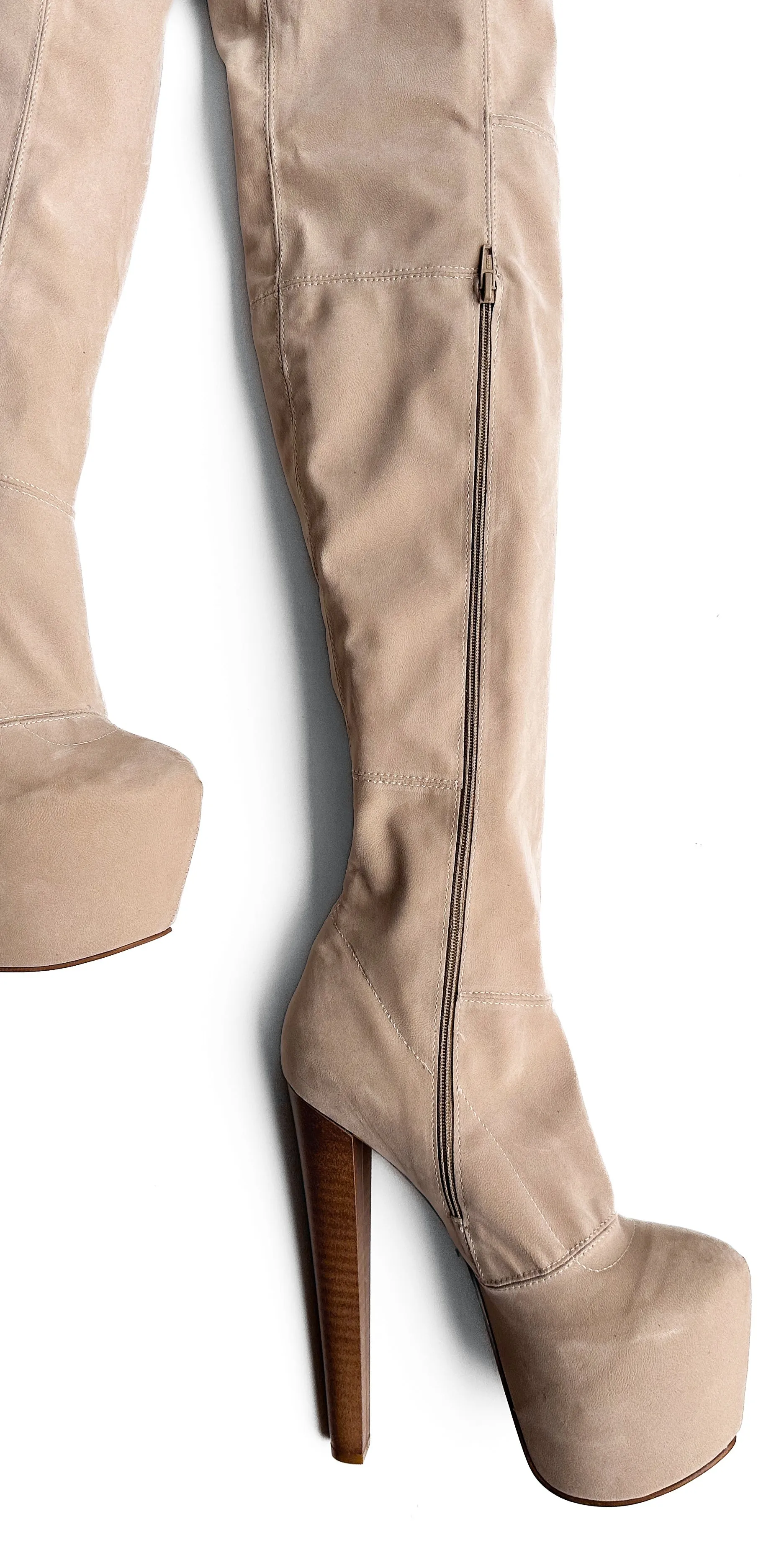 Beige Cream Suede Thigh High Heeled Boots