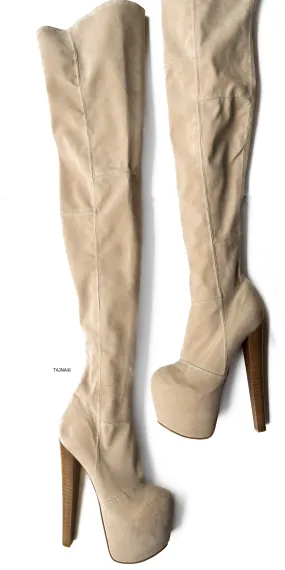 Beige Cream Suede Thigh High Heeled Boots