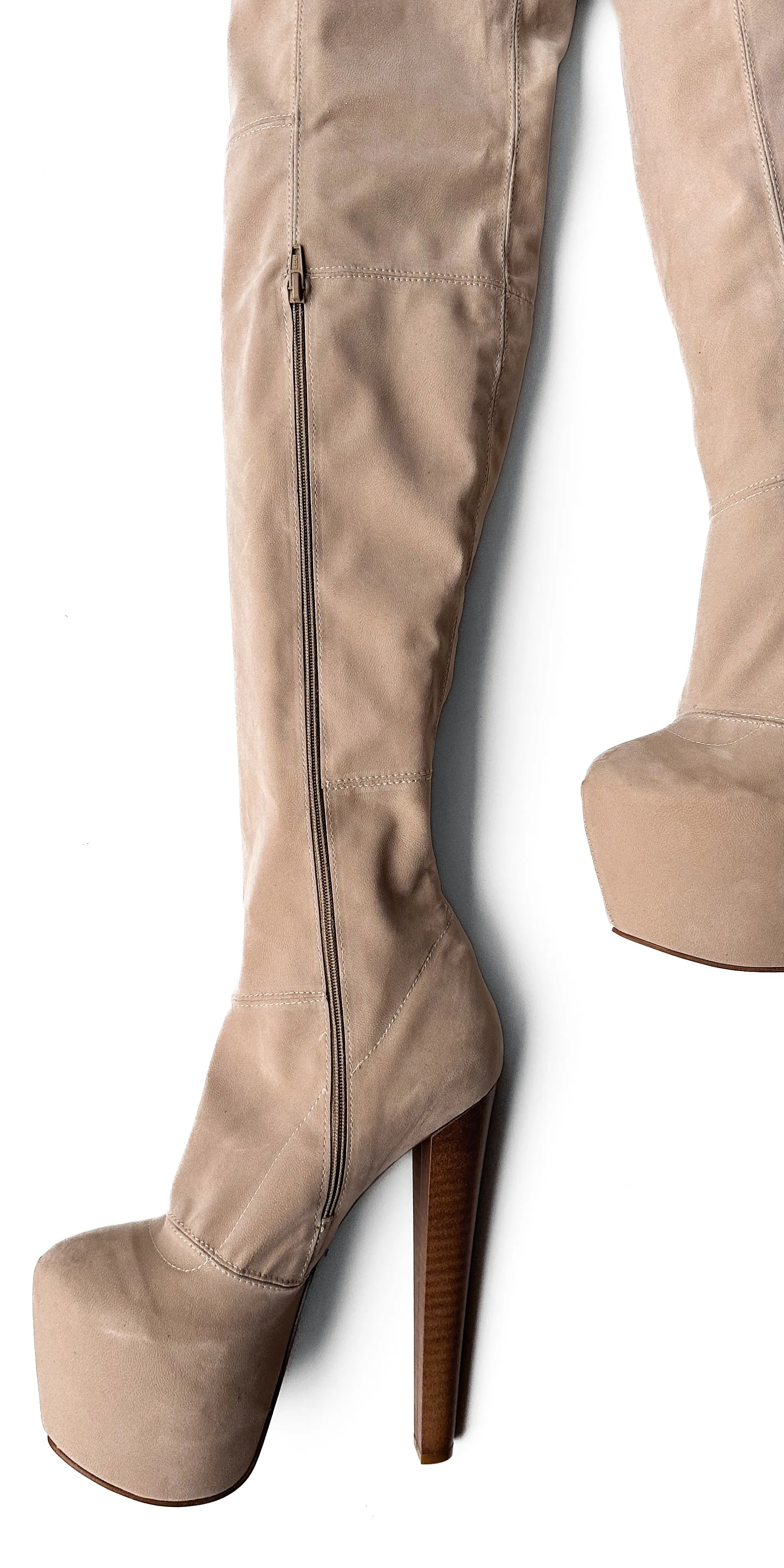 Beige Cream Suede Thigh High Heeled Boots