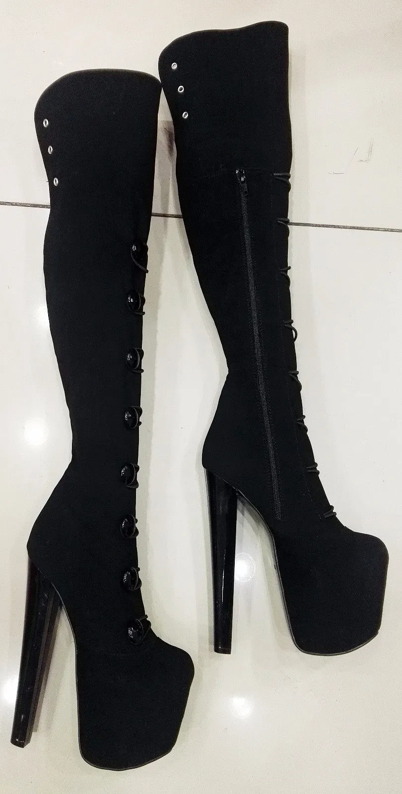 Black Faux Suede Over the Knee High Platform Boots with High Heels