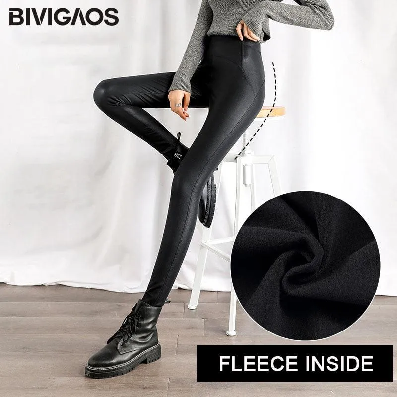 Black Fleece Leather Leggings - High-Waist Lift Buttock Skinny Trousers