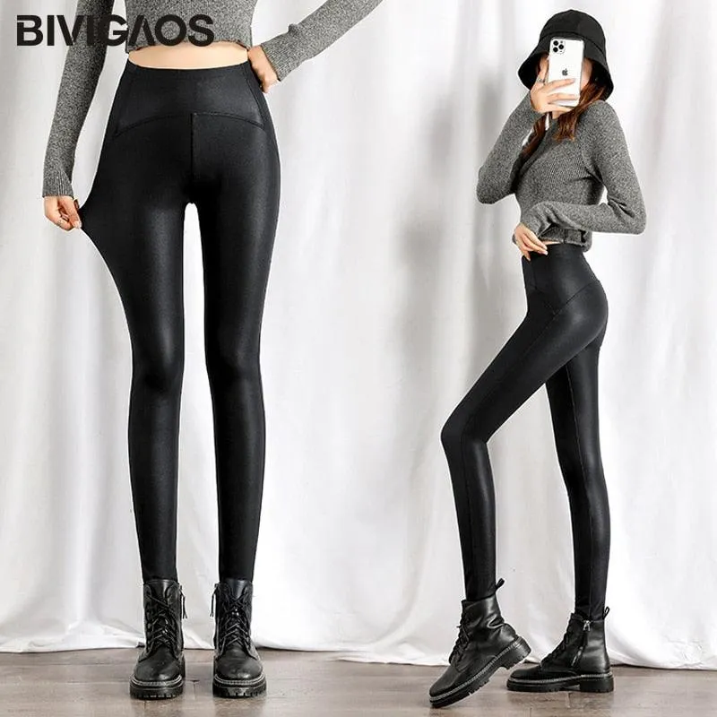 Black Fleece Leather Leggings - High-Waist Lift Buttock Skinny Trousers