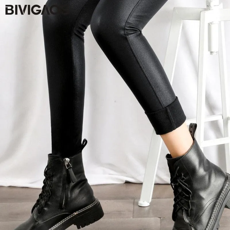 Black Fleece Leather Leggings - High-Waist Lift Buttock Skinny Trousers