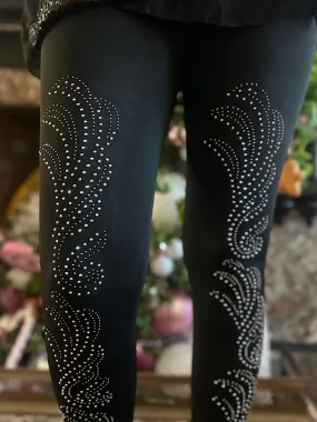 Black fleece leggings with diamante pattern