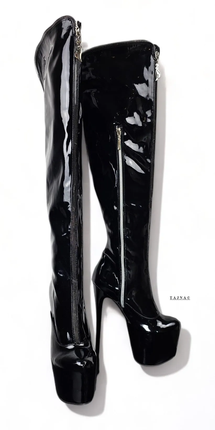 Black Gloss Zip High Heel Boots