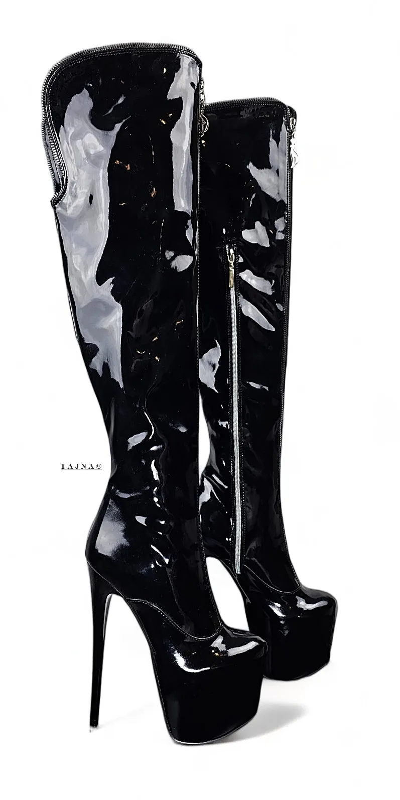 Black Gloss Zip High Heel Boots