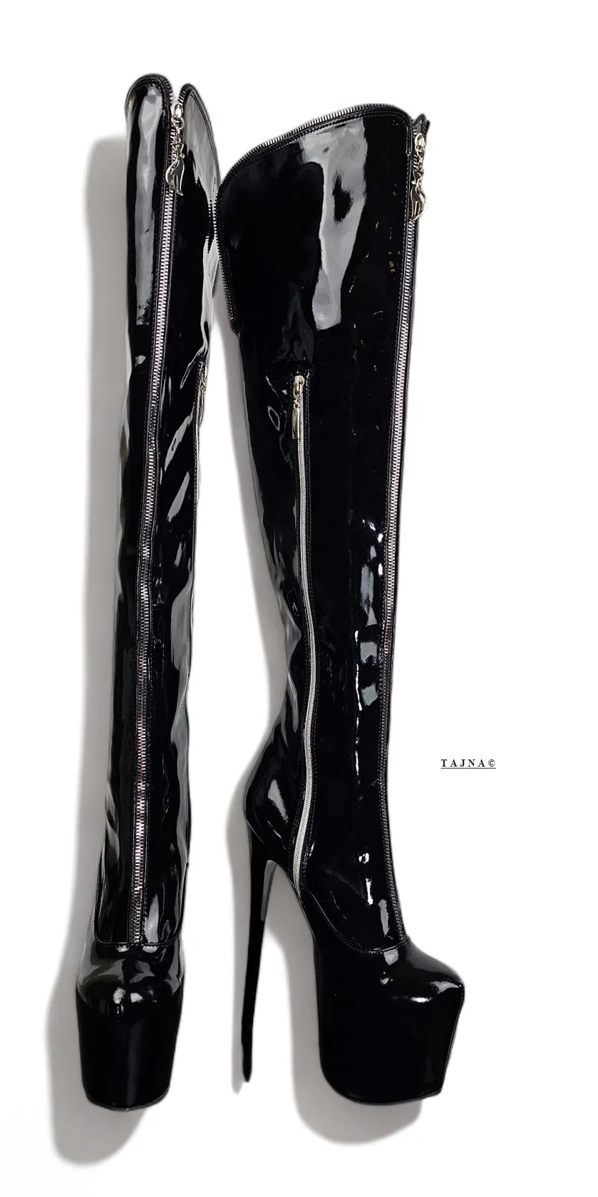 Black Gloss Zip High Heel Boots