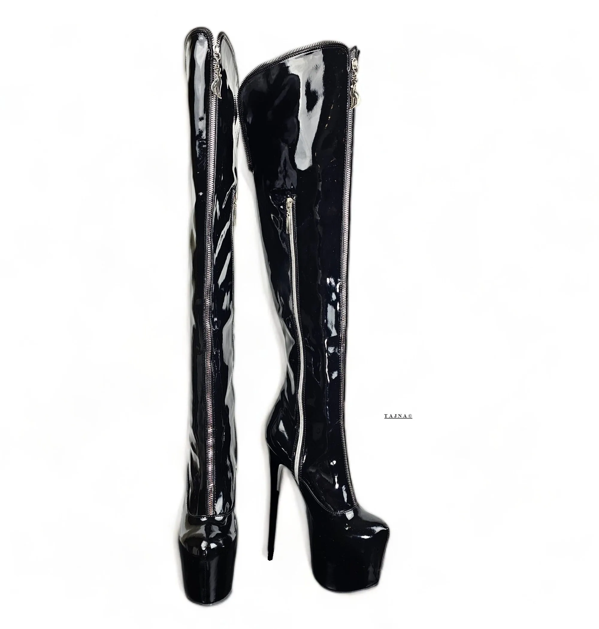 Black Gloss Zip High Heel Boots