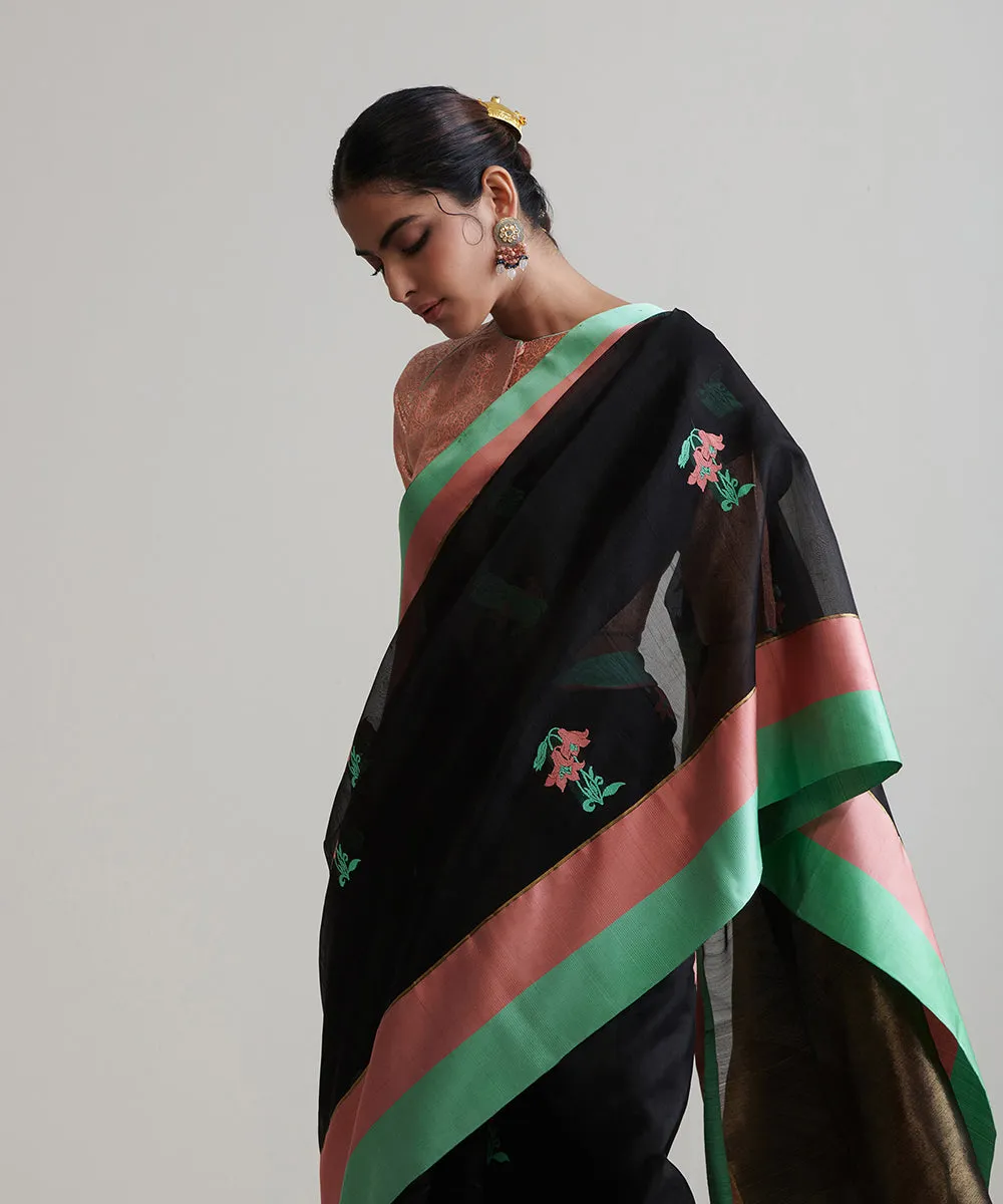 Black Handloom Pure Chanderi Silk Saree With Mashroo Border And Floral Motifs