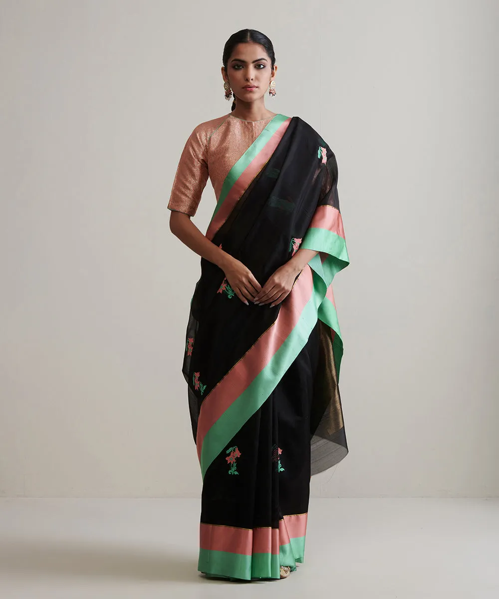 Black Handloom Pure Chanderi Silk Saree With Mashroo Border And Floral Motifs