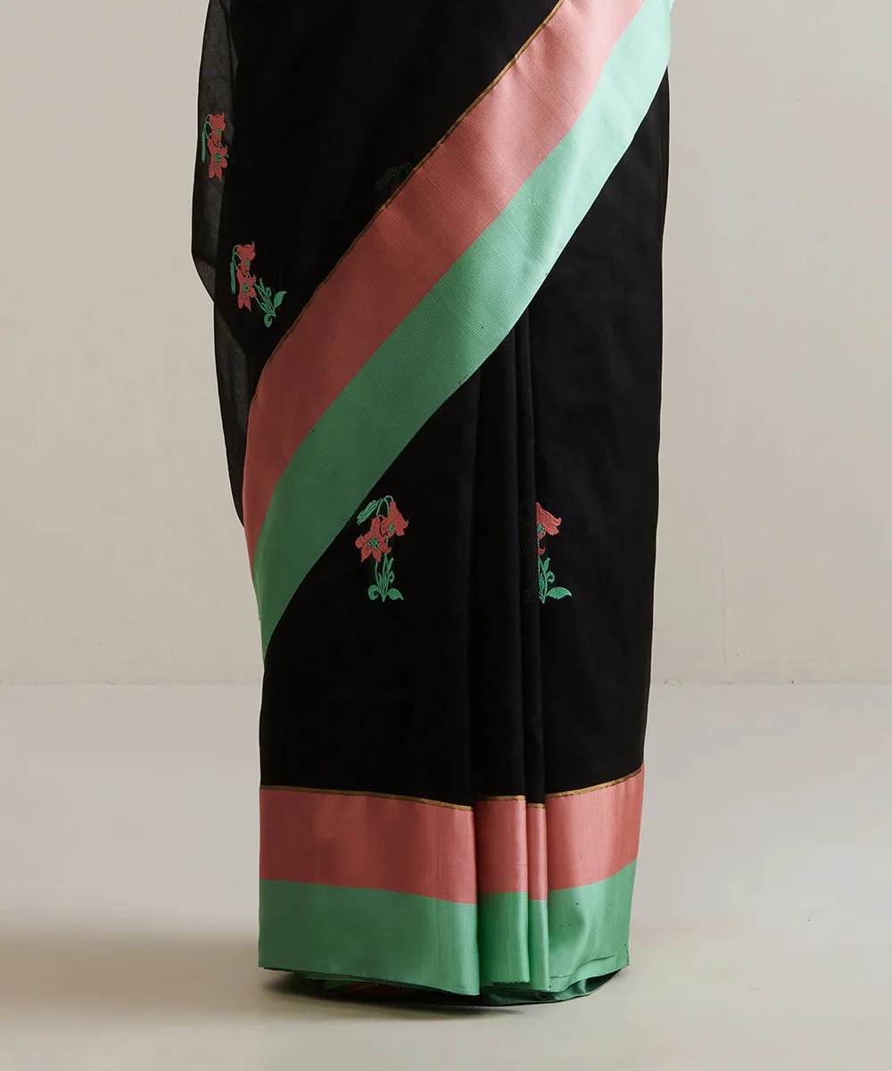 Black Handloom Pure Chanderi Silk Saree With Mashroo Border And Floral Motifs