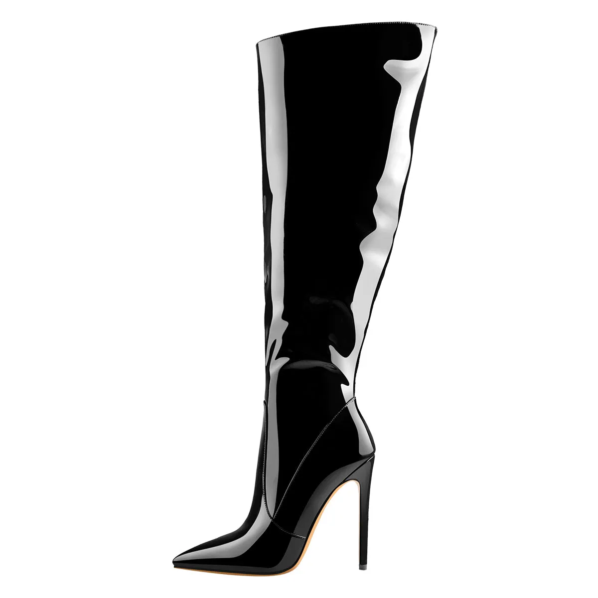 Black Patent Leather Zipper Knee High Boots