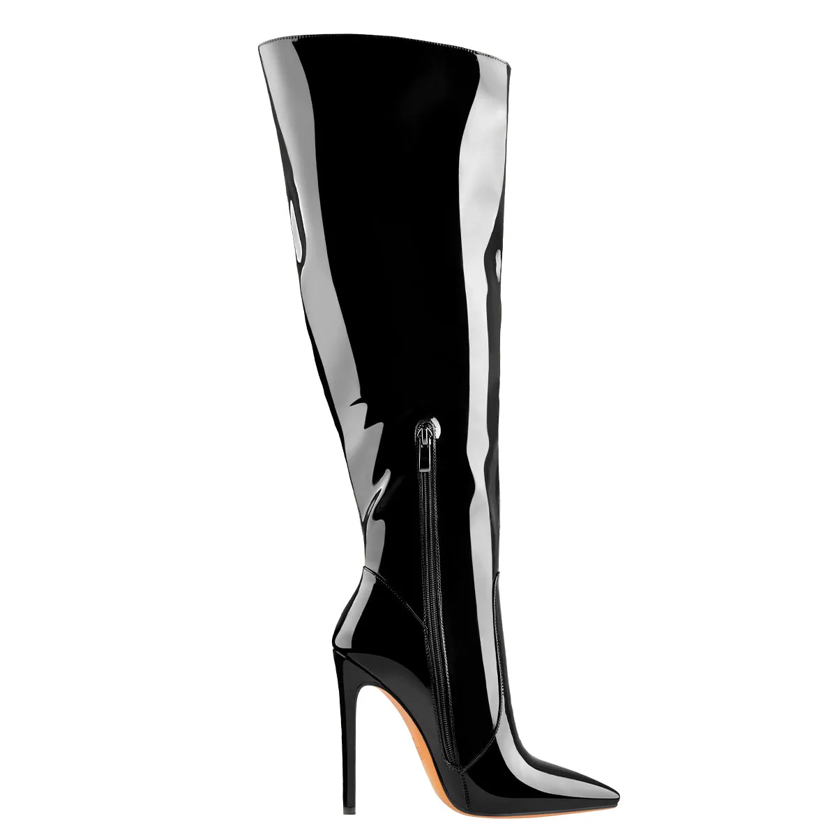 Black Patent Leather Zipper Knee High Boots