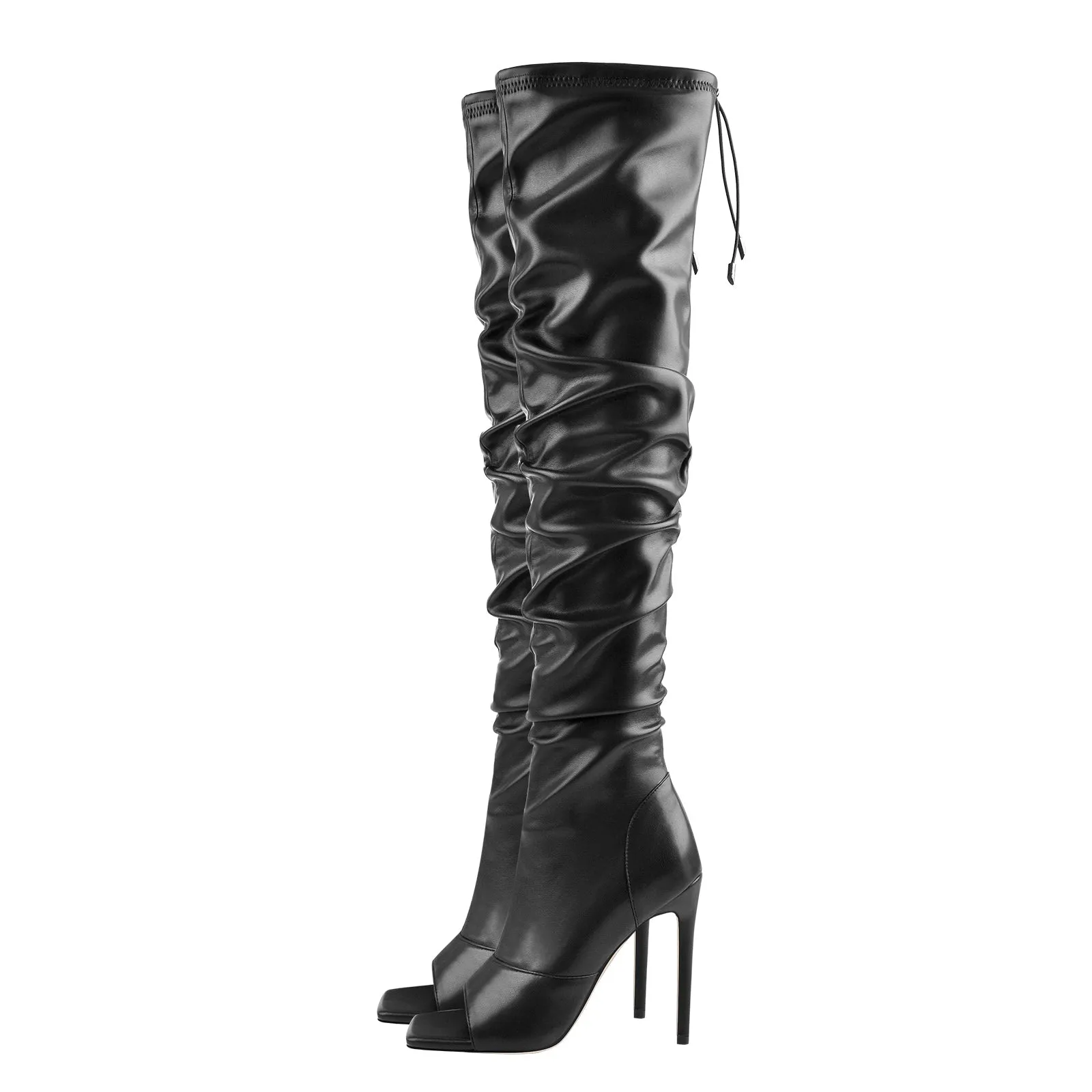 Black Stiletto Zipper Boots with Open Square Toe, Knee High