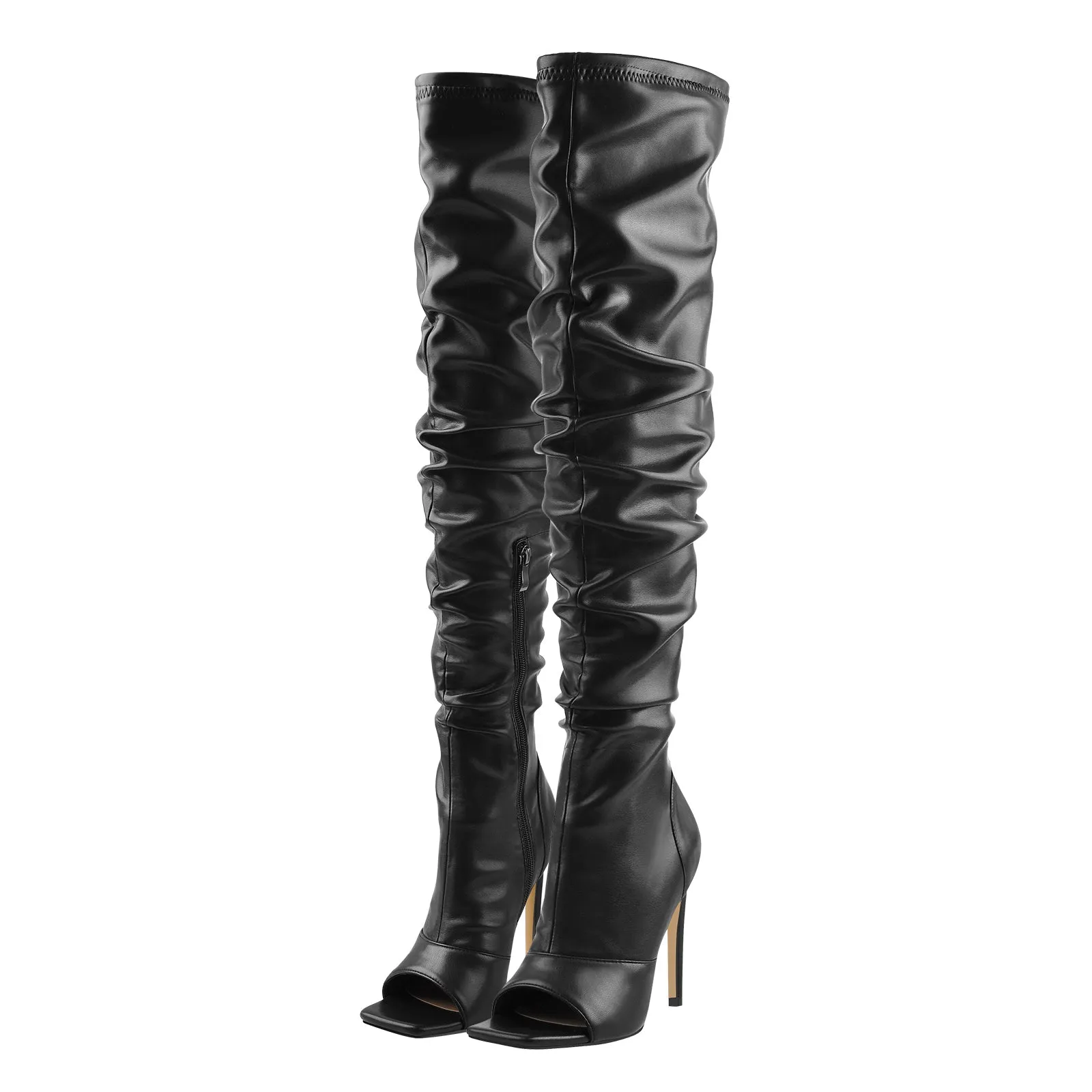 Black Stiletto Zipper Boots with Open Square Toe, Knee High