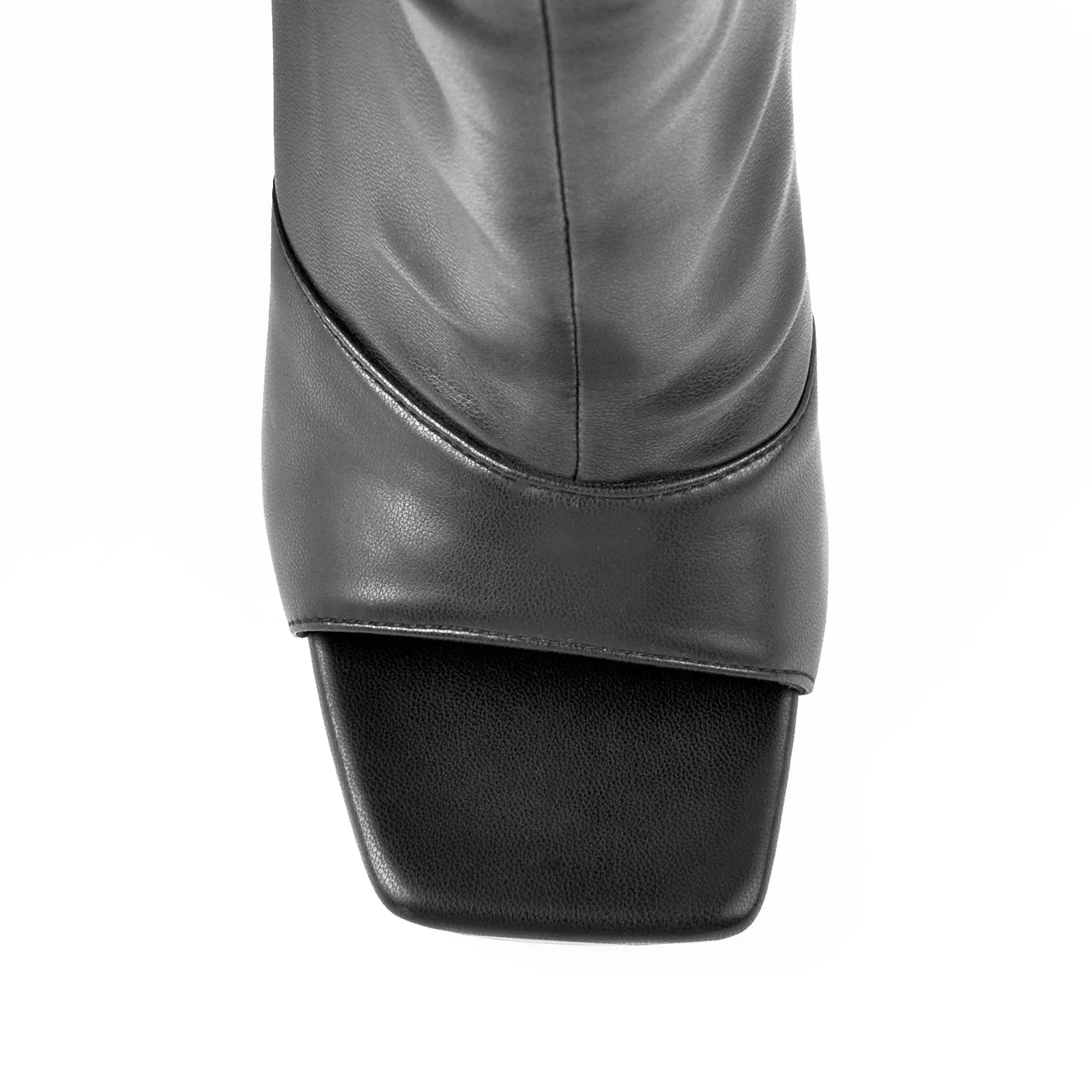 Black Stiletto Zipper Boots with Open Square Toe, Knee High