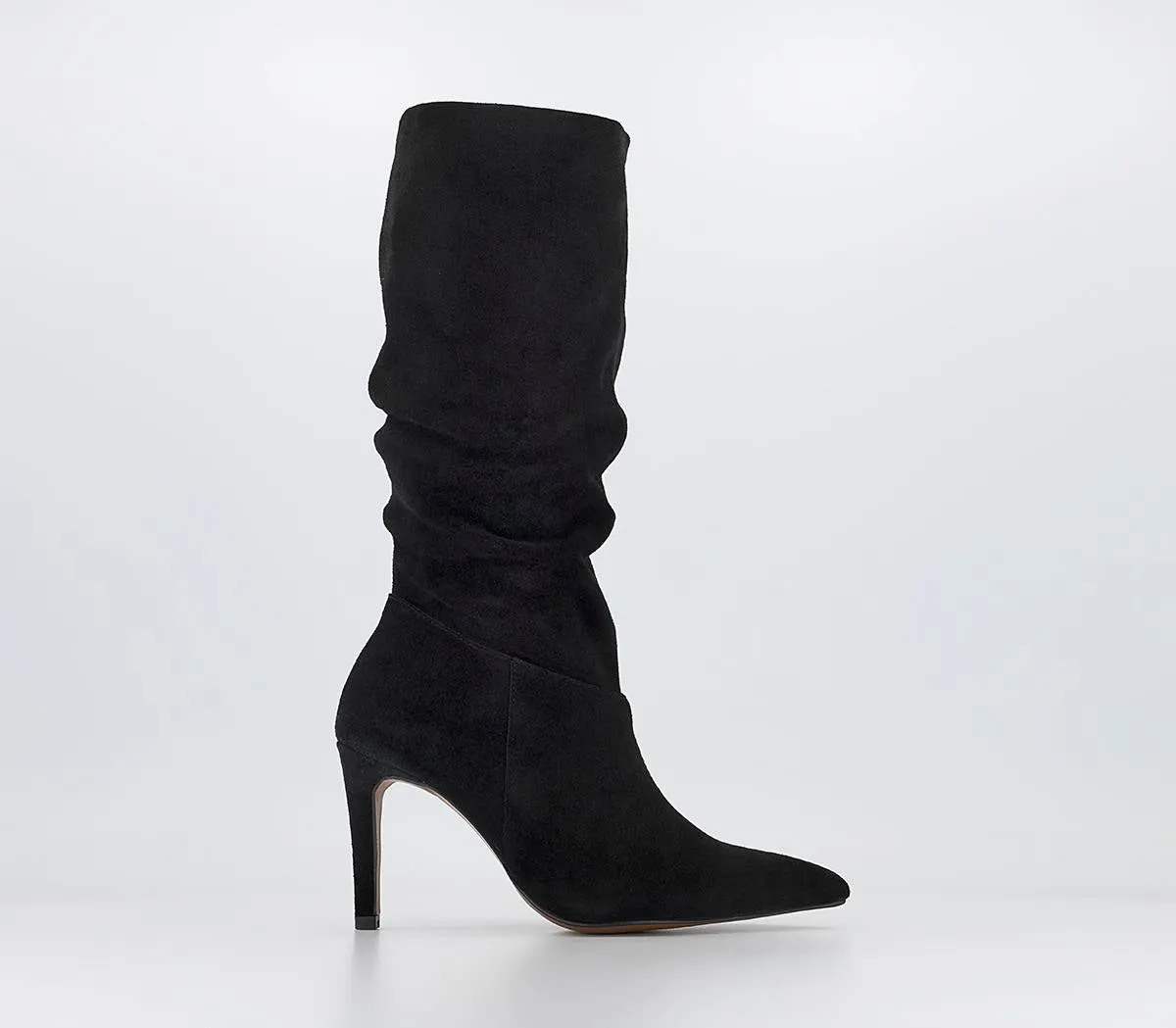 Black Suede Knee High Boots for Women - Office Style Kiki Ruched Legs