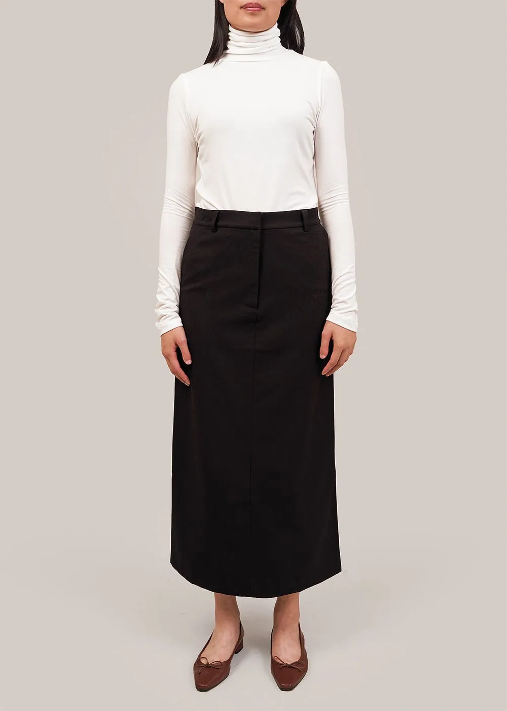 Black Wool Blend Midi Skirt: Wool Blend Black Skirt, Mid-length, SEO-friendly.