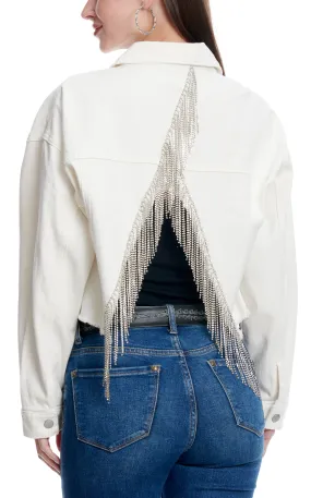 Blue B Women's White Denim Crisscross Cropped Jacket