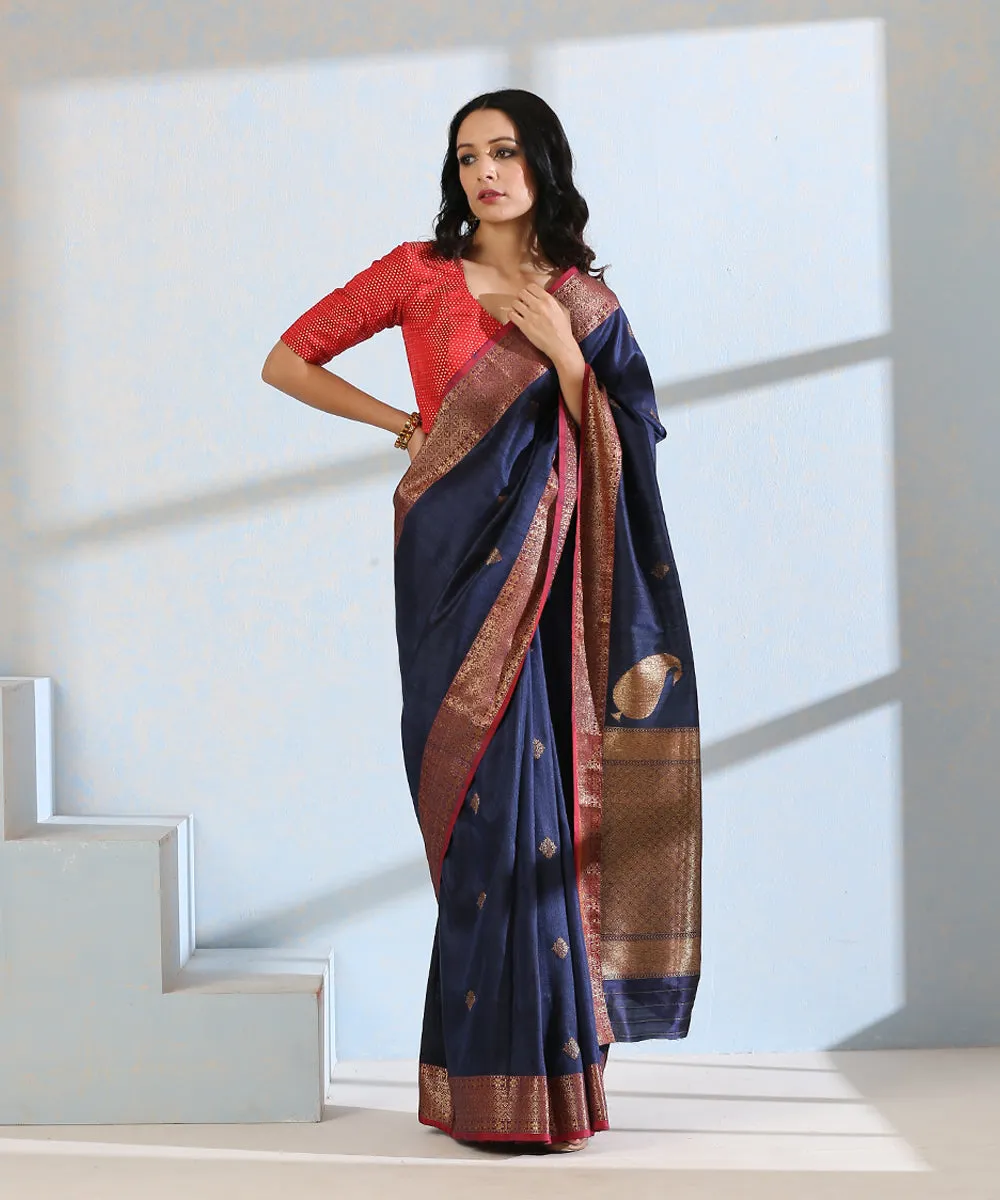 Blue Handloom Dupion Silk Banarasi Saree With Red Border And Antique Zari