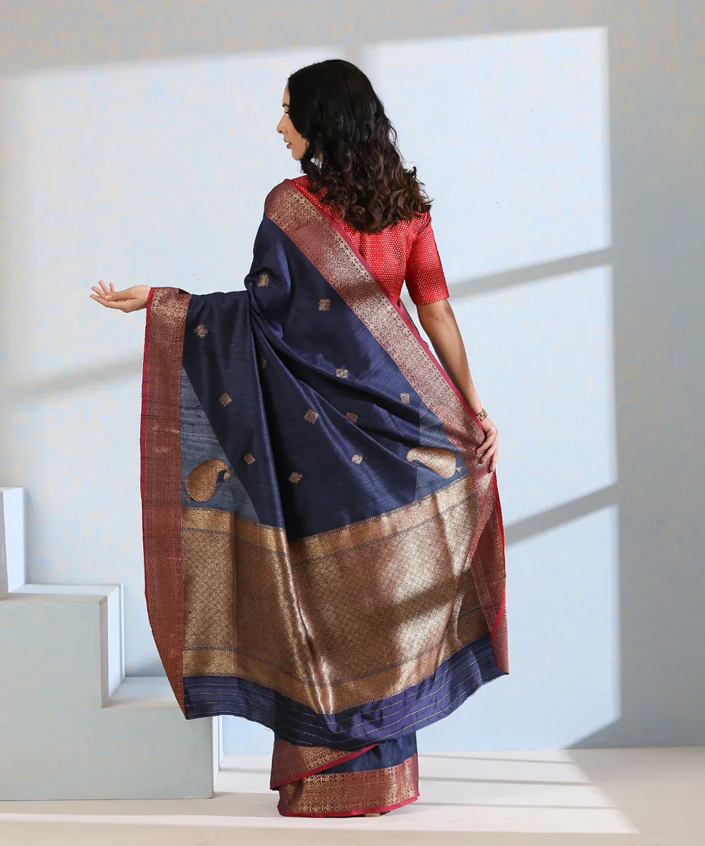 Blue Handloom Dupion Silk Banarasi Saree With Red Border And Antique Zari