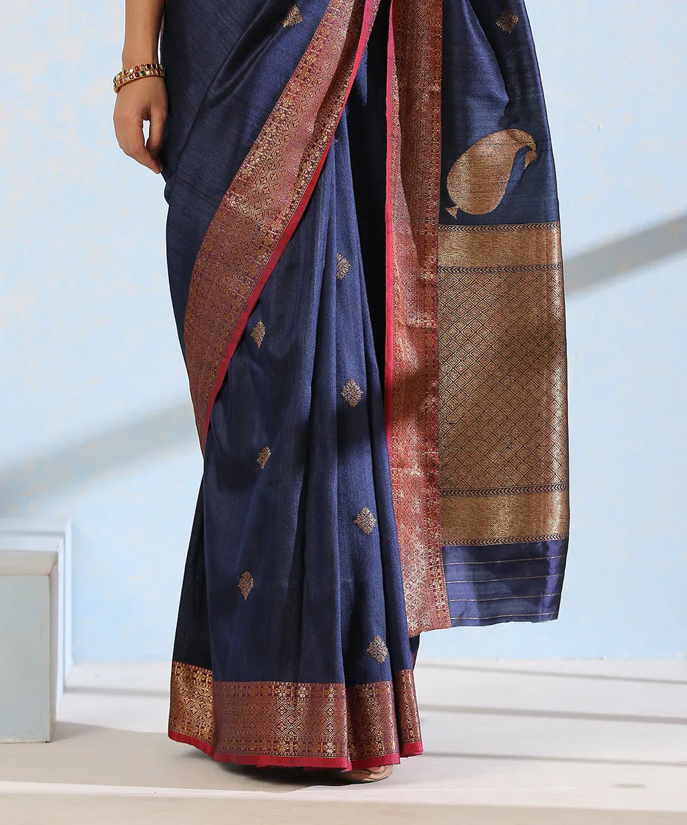 Blue Handloom Dupion Silk Banarasi Saree With Red Border And Antique Zari