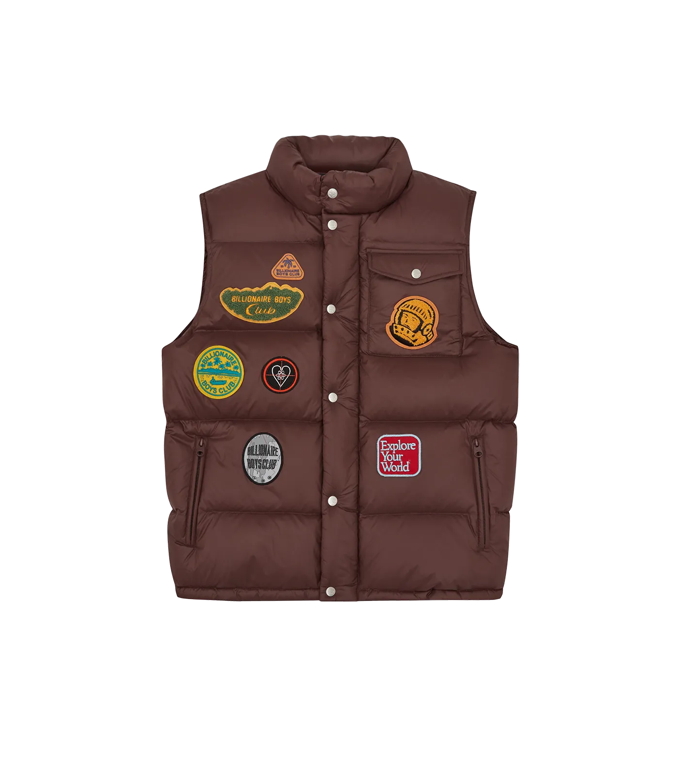 Brown down filled gilet with patches.