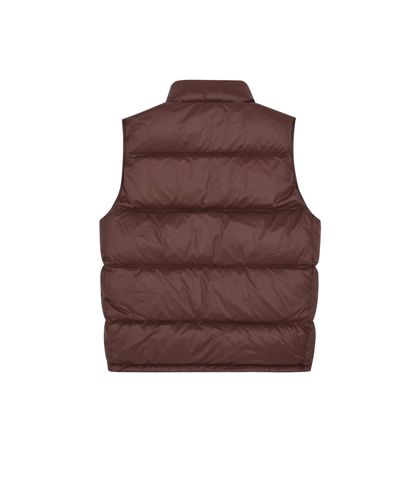 Brown down filled gilet with patches.