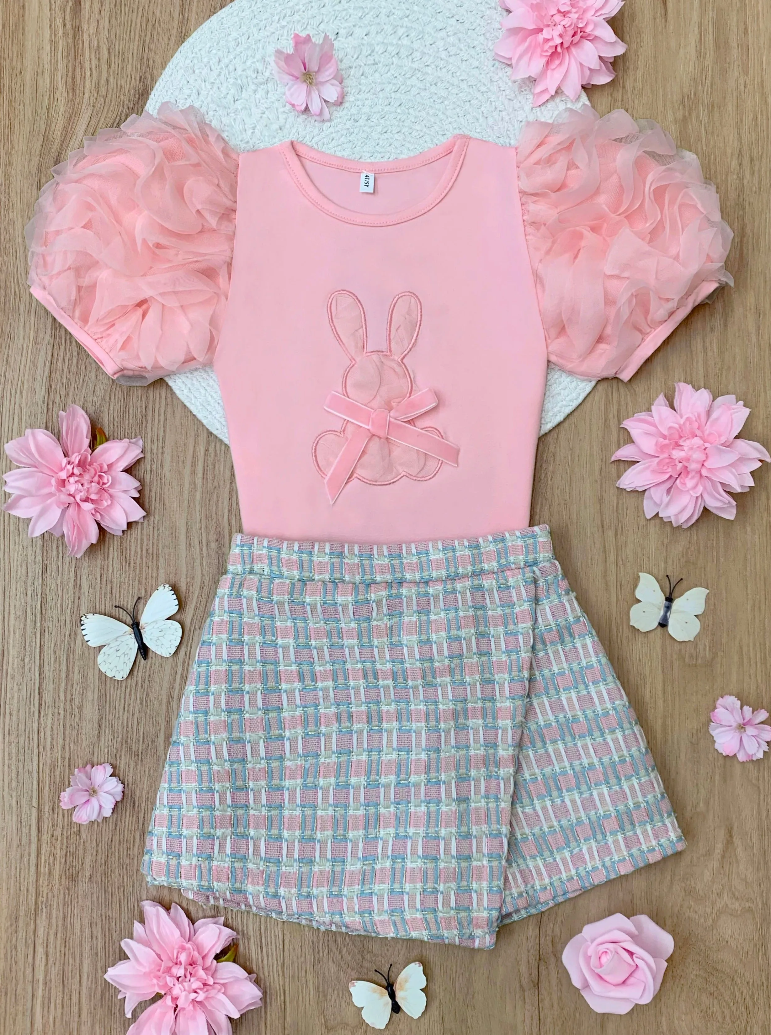 Bunny Puff Sleeve Top and Tweed Skort Set