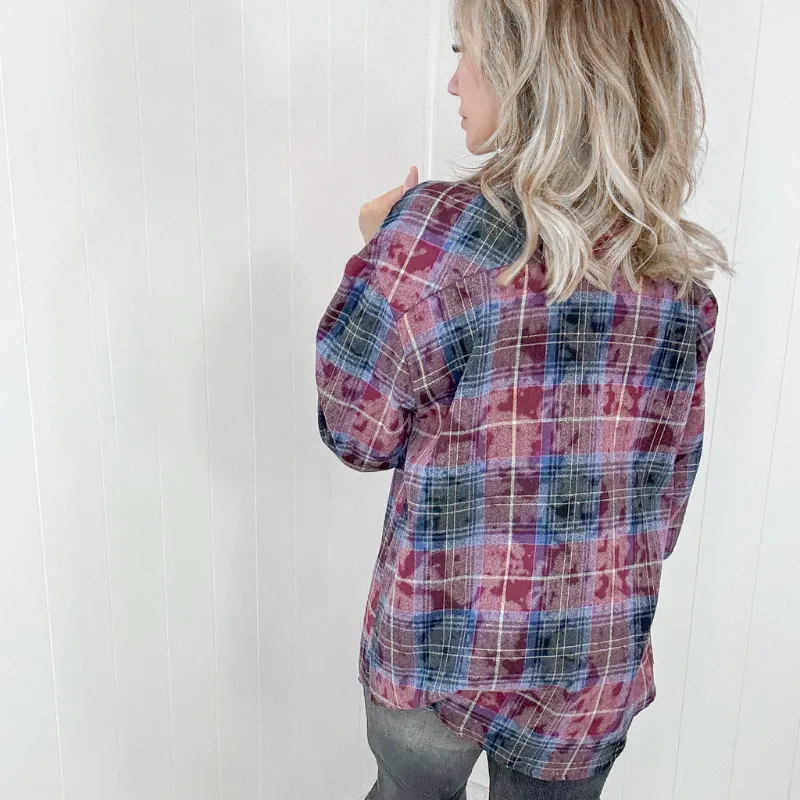 Burgundy Navy Plaid Flannel Button Down Shirt