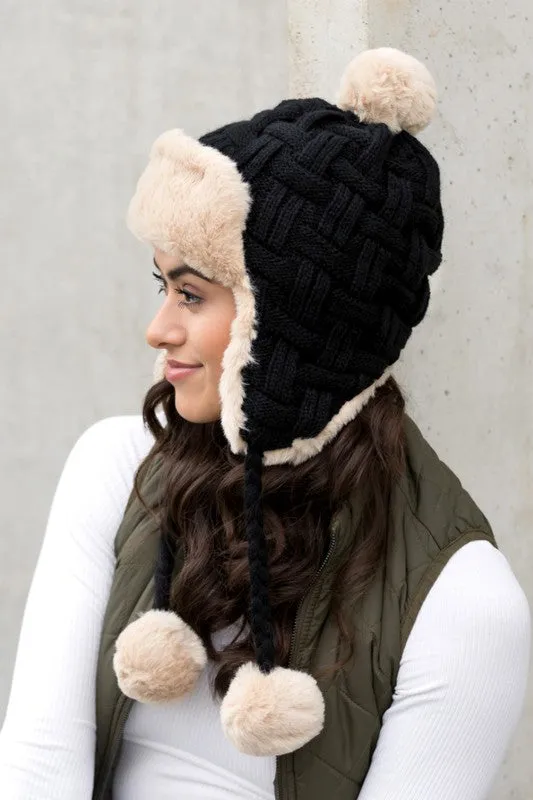 Cable Knit Pom Trapper Hat