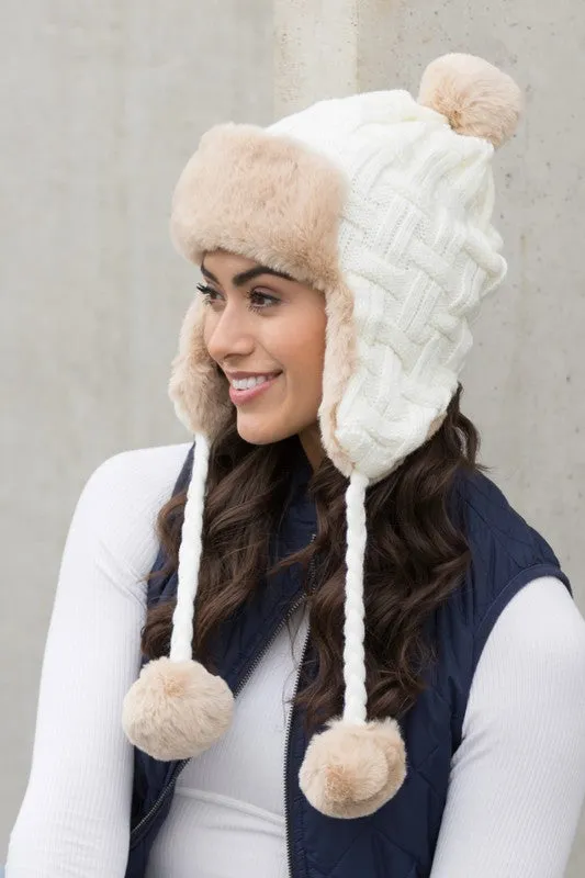 Cable Knit Pom Trapper Hat