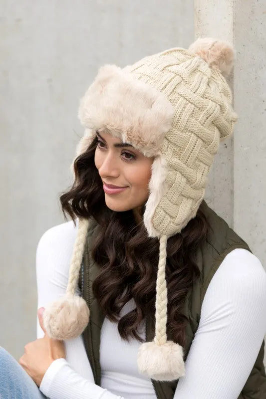 Cable Knit Pom Trapper Hat