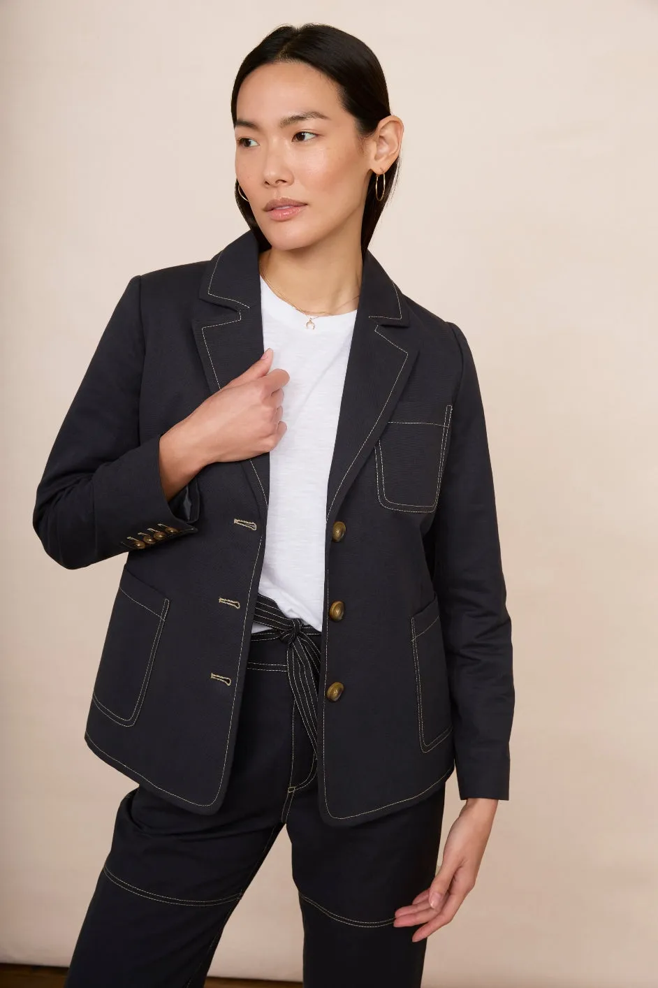 Cara Cotton Top Stitch Blazer - Washed Black