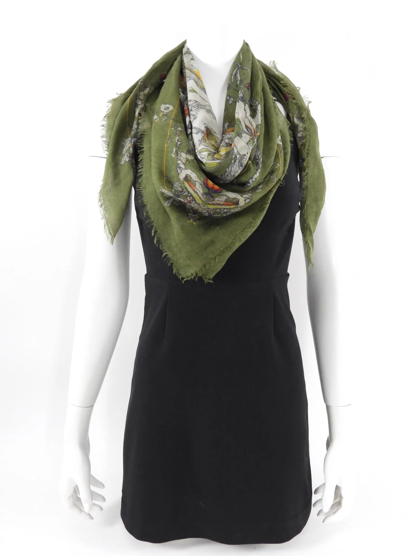 Cashmere Silk Olive Green Floral Skull Scarf by Alexander McQueen