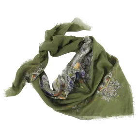 Cashmere Silk Olive Green Floral Skull Scarf by Alexander McQueen