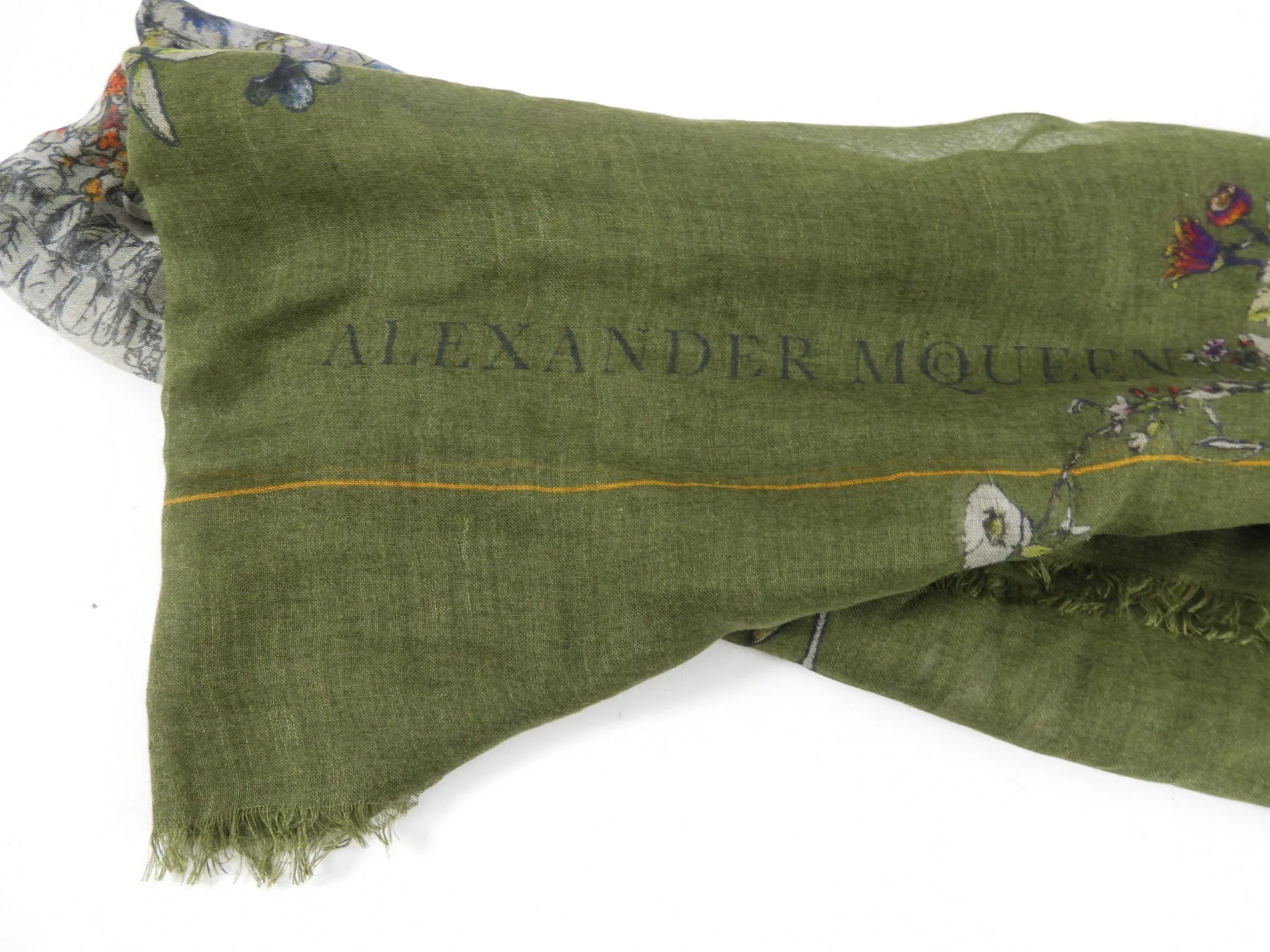 Cashmere Silk Olive Green Floral Skull Scarf by Alexander McQueen