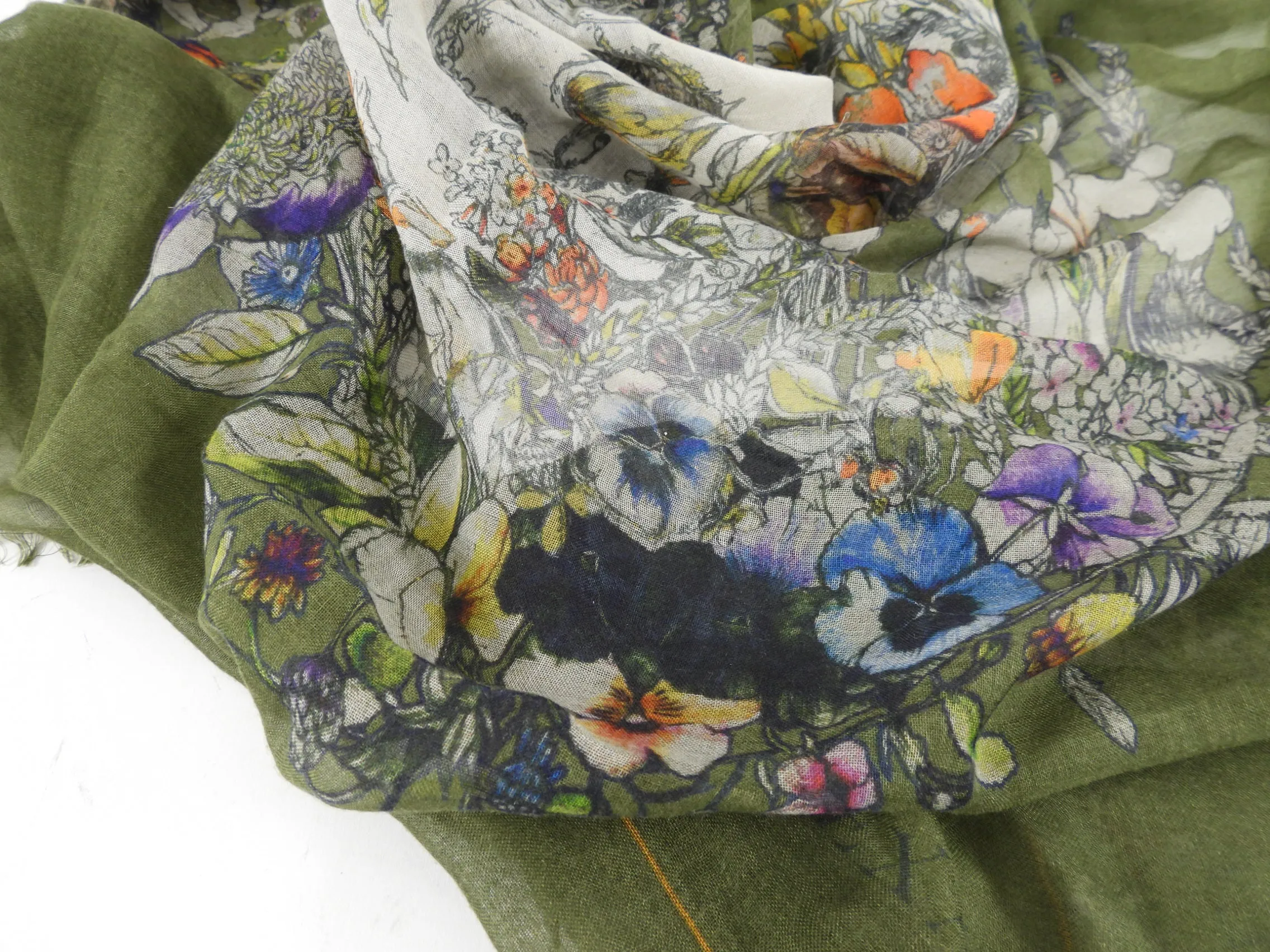 Cashmere Silk Olive Green Floral Skull Scarf by Alexander McQueen