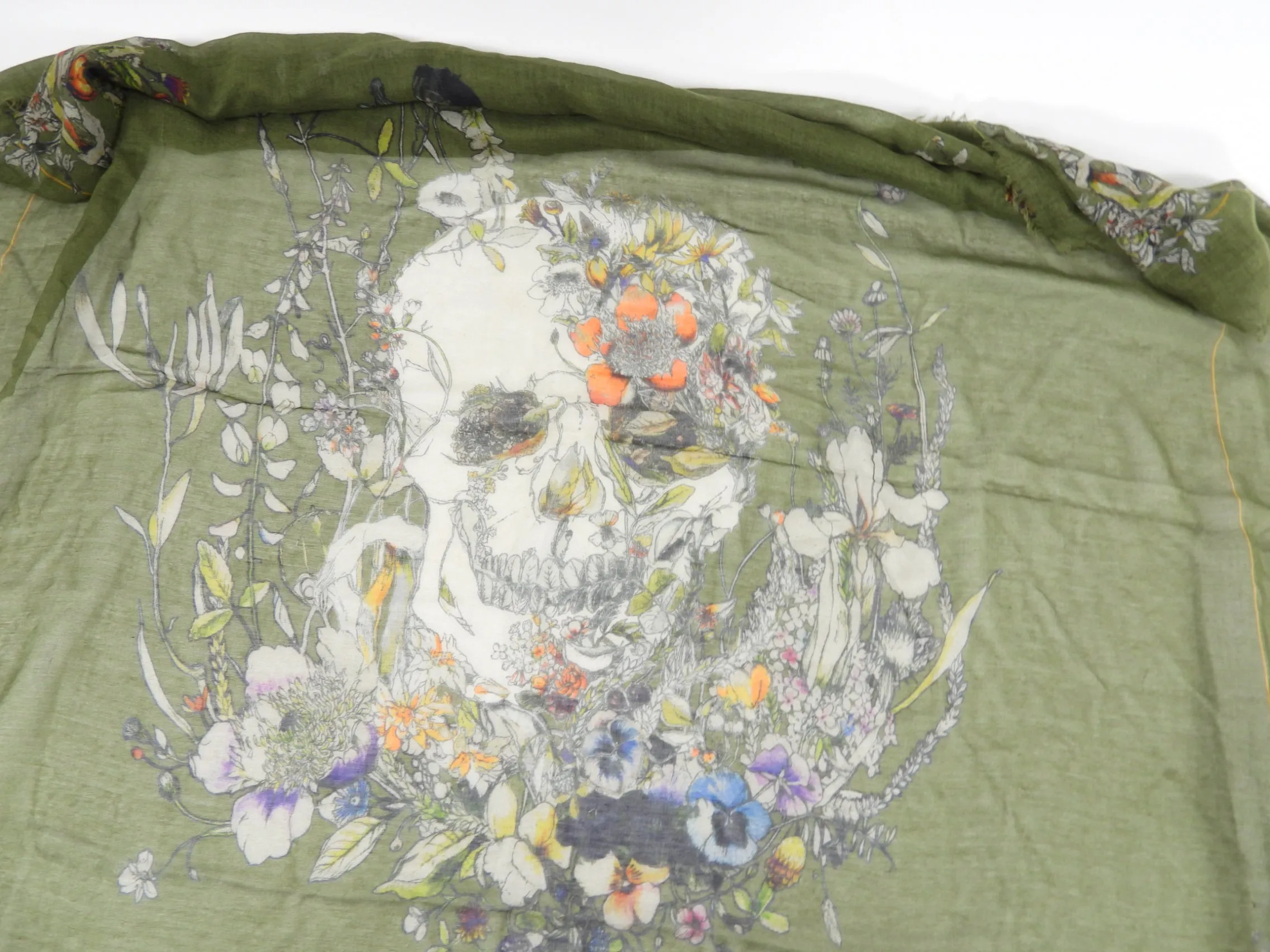 Cashmere Silk Olive Green Floral Skull Scarf by Alexander McQueen