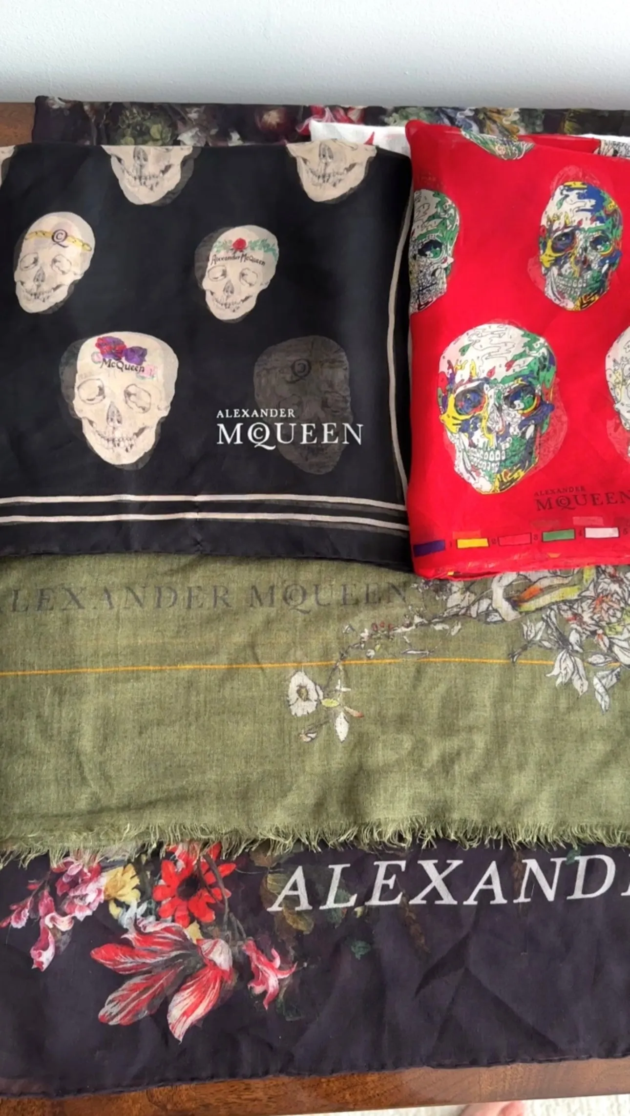 Cashmere Silk Olive Green Floral Skull Scarf by Alexander McQueen