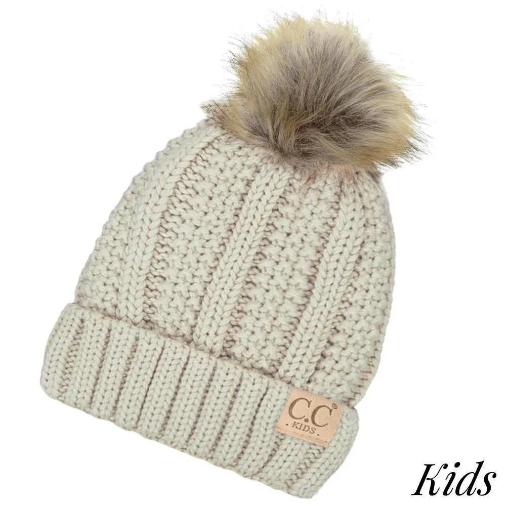 C.C Kid's Beige Chunky Knit Faux Fur Pom Beanie