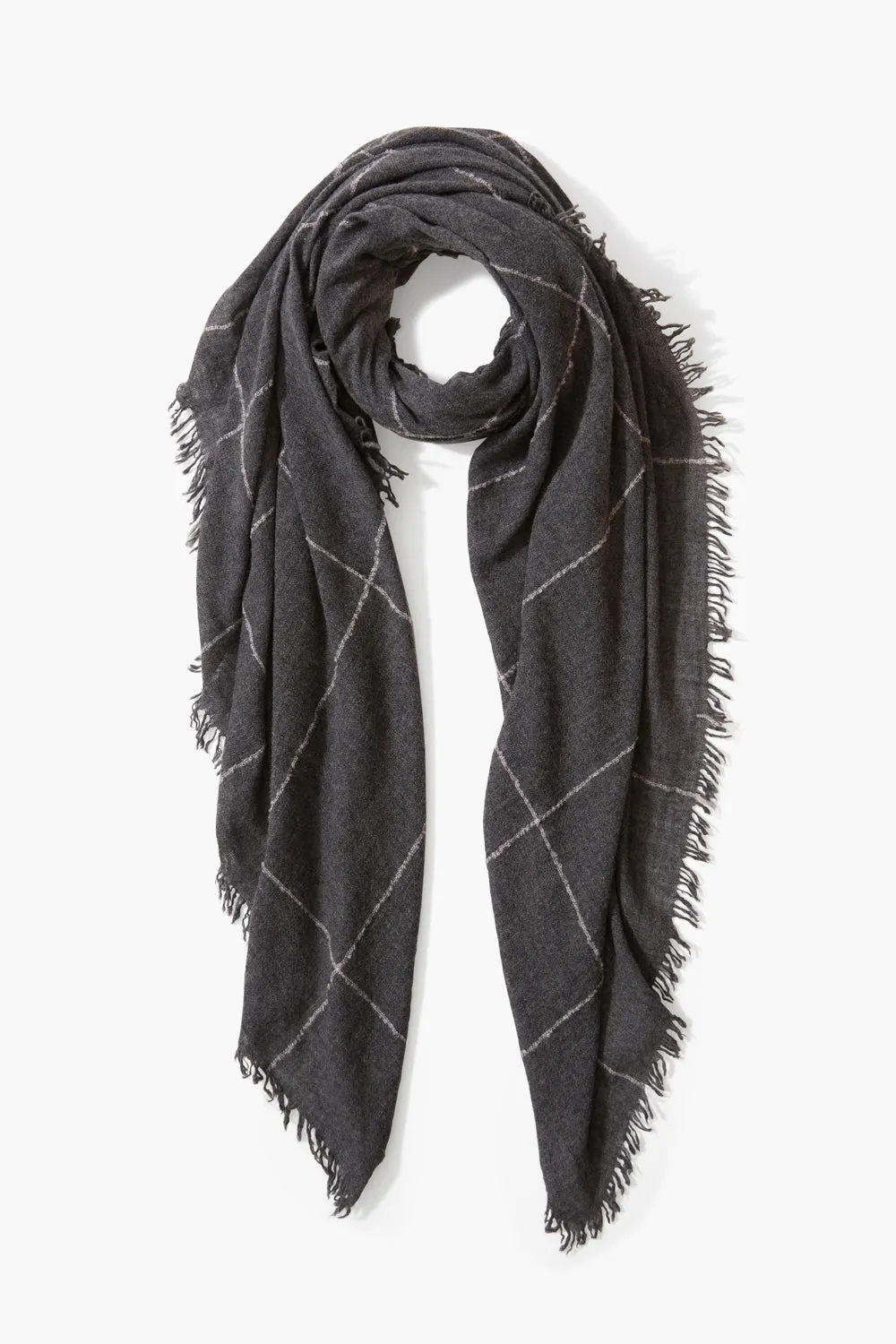 Charcoal Cashmere Scarf with Windowpane Pattern