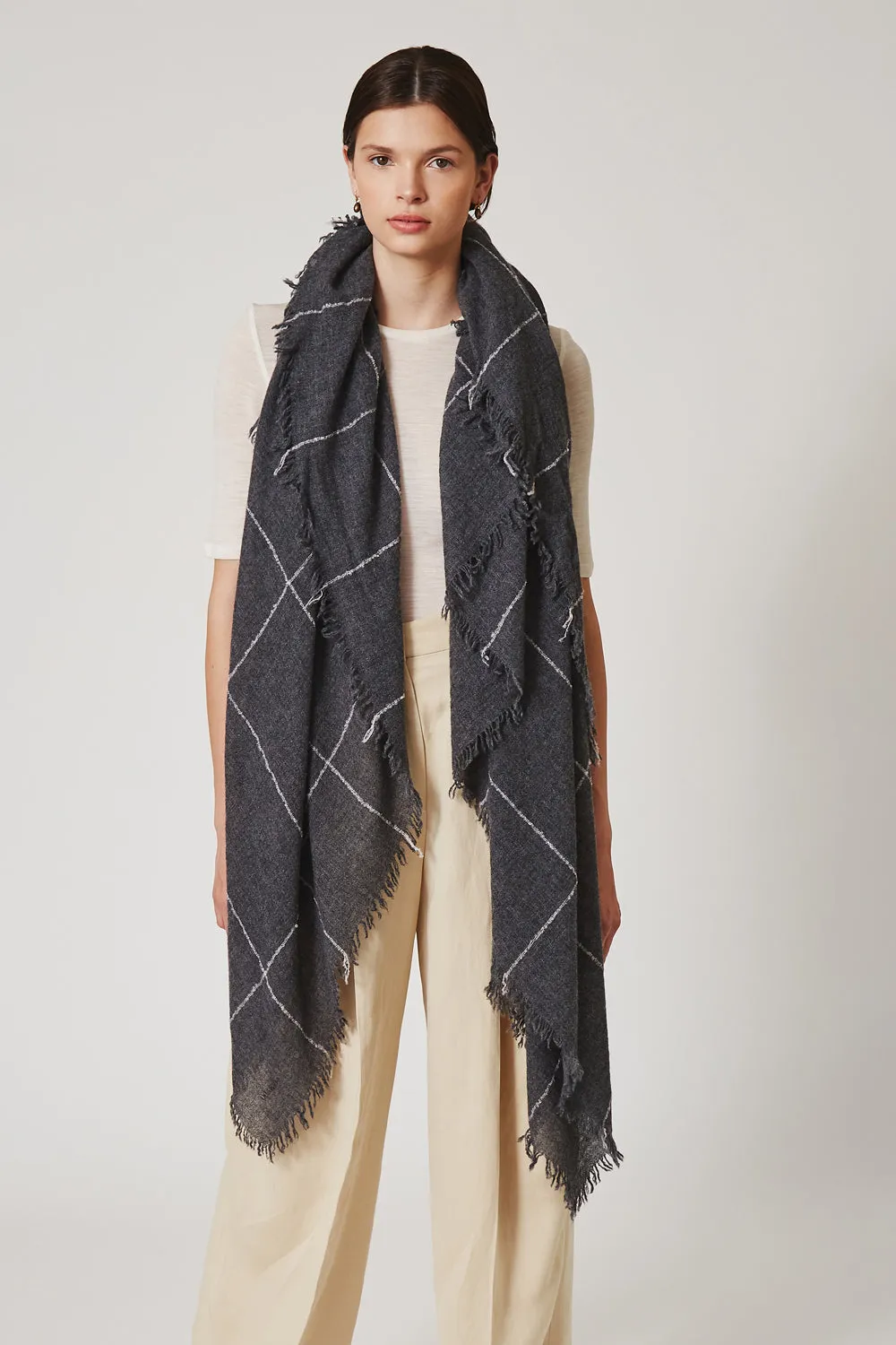 Charcoal Cashmere Scarf with Windowpane Pattern