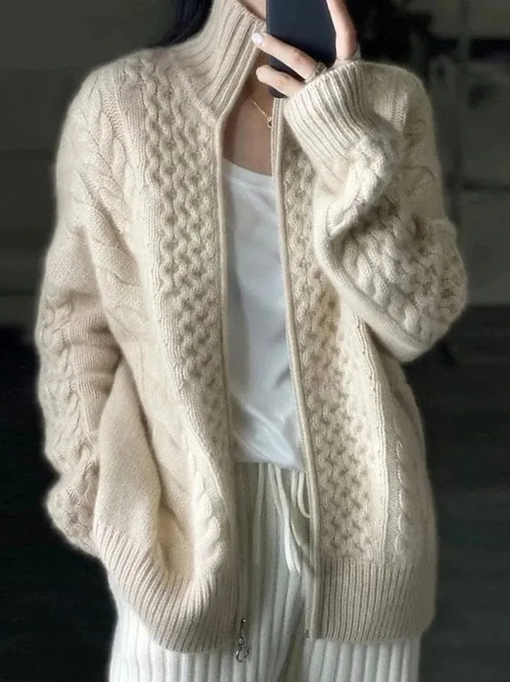 Chunky Knit Zipper Cardigan for Women in Beige - Sizes S, M, L