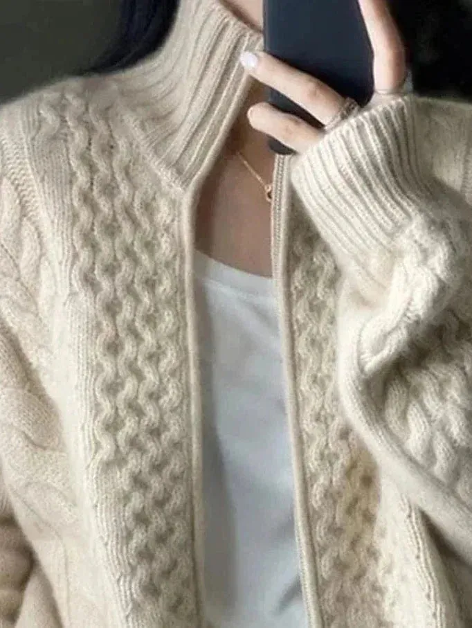 Chunky Knit Zipper Cardigan for Women in Beige - Sizes S, M, L