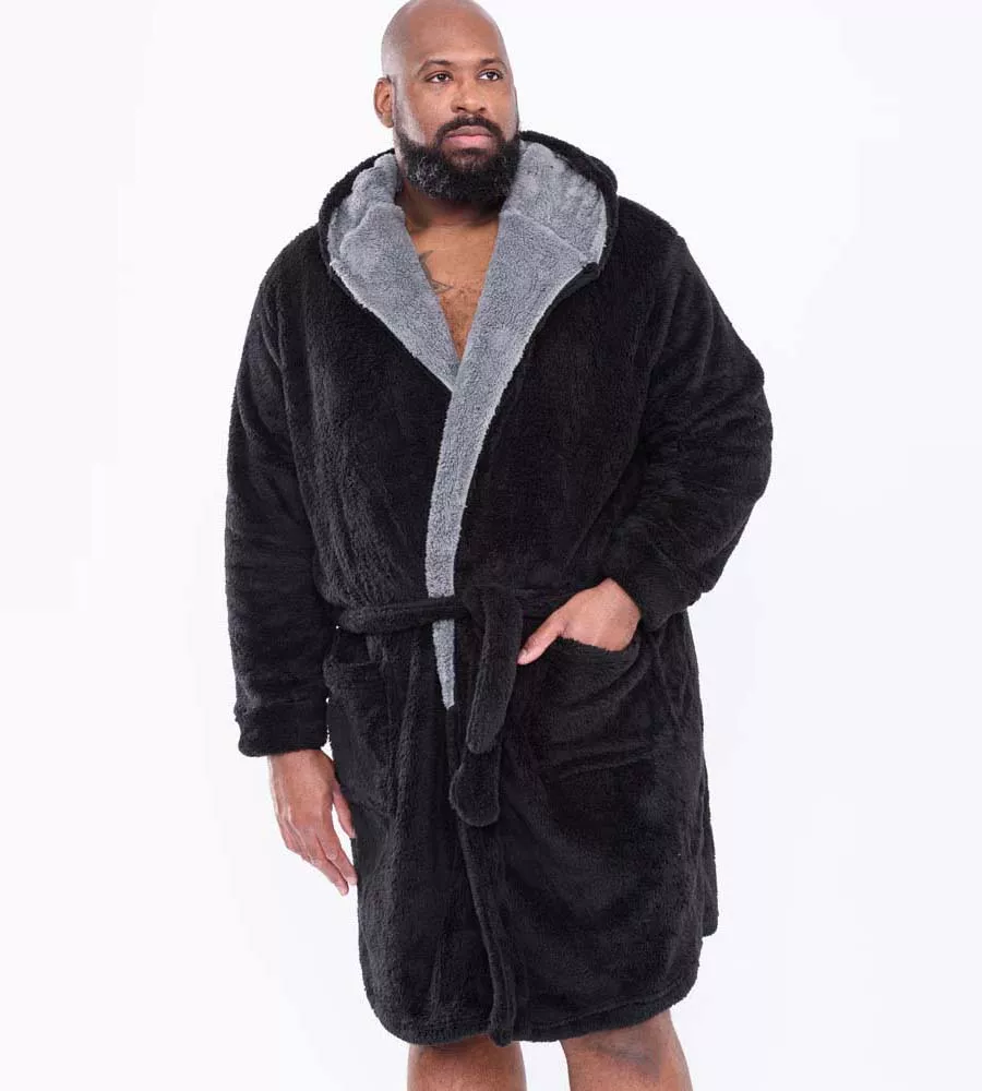 D555 Big Mens Super Soft Black Dressing Gown With Hood (NEWQUAY )