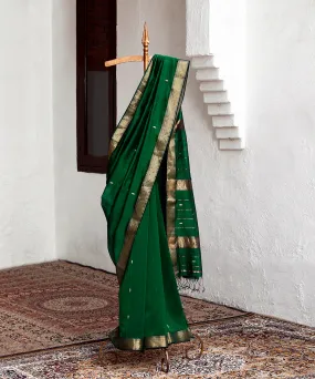 Dark Green Handloom Pure Cotton Maheshwari Saree With Gold Zari Border